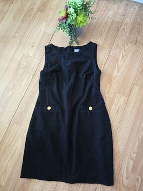 Vince Camuto black rayon, nylon dress,round neck,with pockets and gold button #6